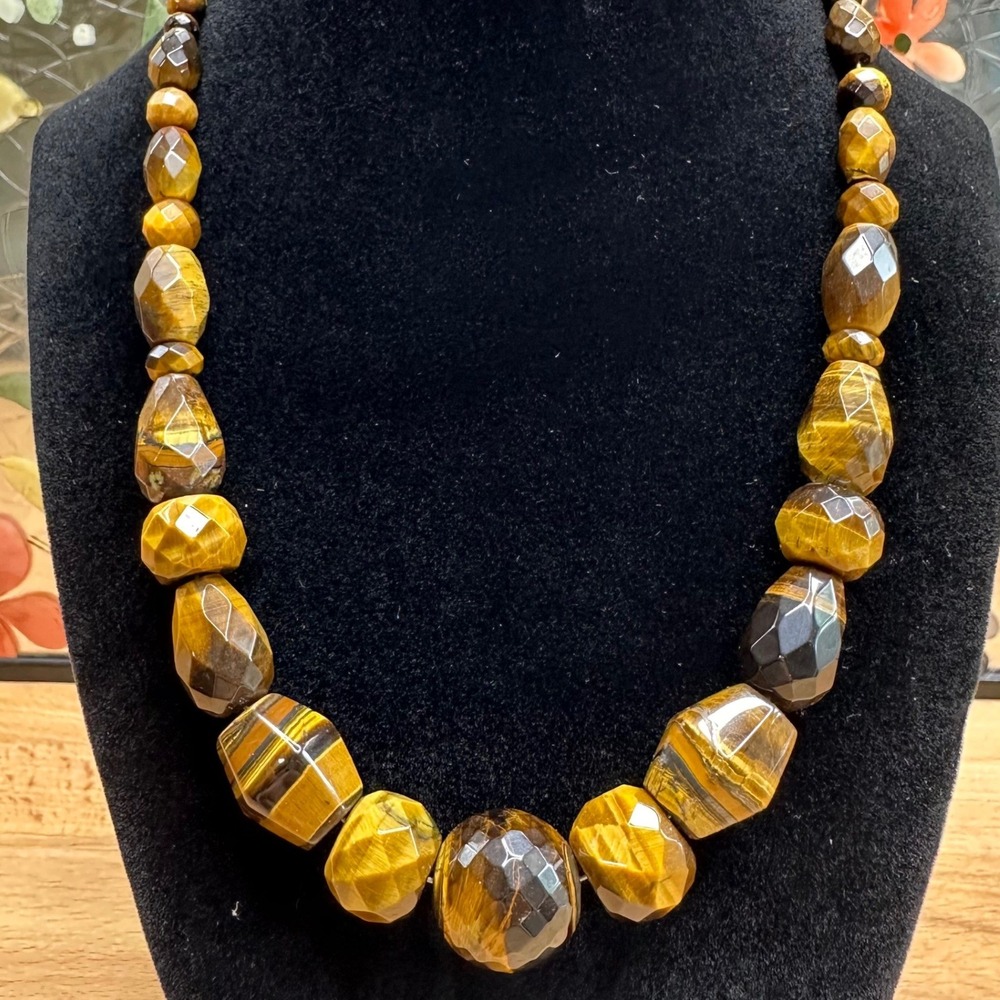 Vintage Women Necklace Brown Tigers Eye Quartz 925 Sterling Silver Boho Gemstone - Picture 2 of 14